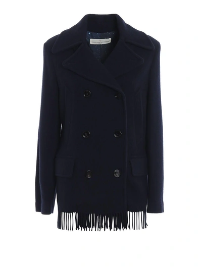 Shop Golden Goose Fringed Double Breasted Pea Coat In Navy