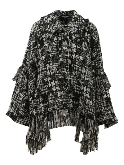 Shop Dolce & Gabbana Houndstooth Knit Cape In Black/white