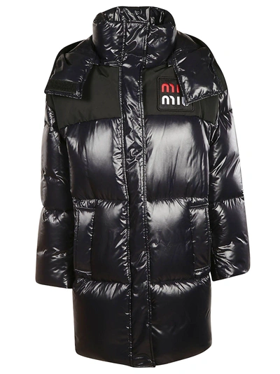 Shop Miu Miu Logo Patch Padded Jacket In Nero