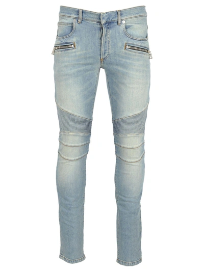 Shop Balmain Biker Denim In Light Blue