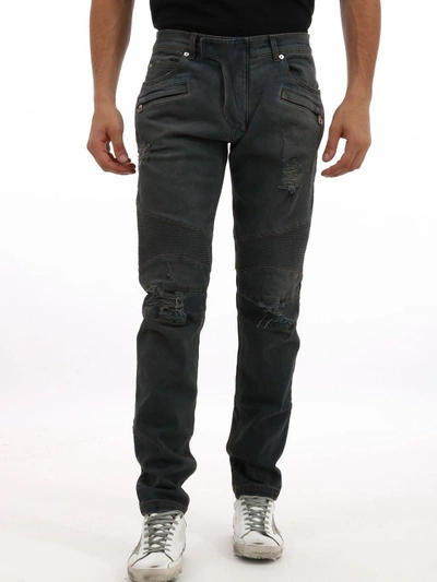 Shop Balmain Biker Washed Cotton Jean In Grey