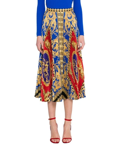 Shop Versace Baroque Print Pleated Silk Skirt In Multicolor