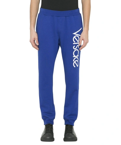 Shop Versace Logo Embroidery Cotton Sweatpants In Blu