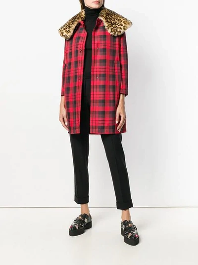 Shop N°21 Leopard Print Collar Check Coat In Red