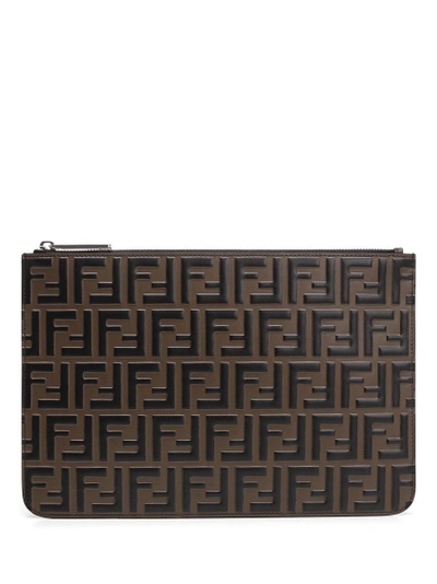 Shop Fendi Ff Embossed Pouch In Brown