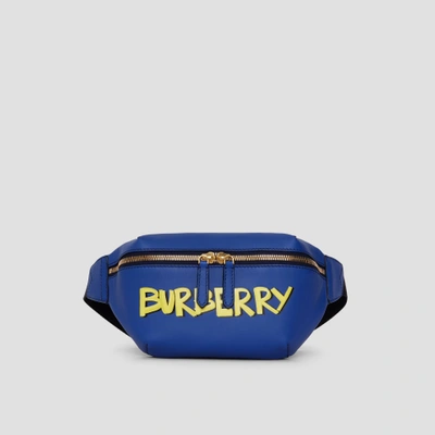 Shop Burberry Medium Graffiti Print Leather Bum Bag In Denim Blue