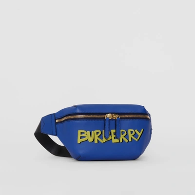 Shop Burberry Medium Graffiti Print Leather Bum Bag In Denim Blue