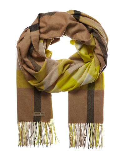 Shop Burberry Cashmere Oversize Cashmere Check Scarf In Yellow