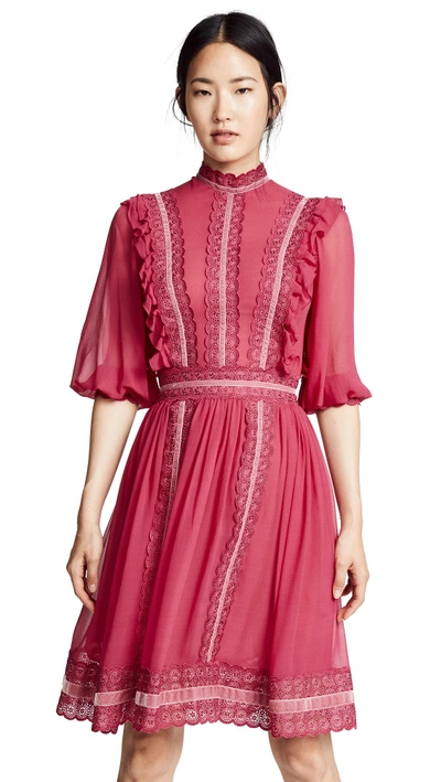 Shop Costarellos Mock Neck Bishop Sleeve Dress In Raspberry
