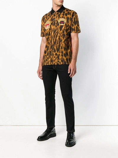 Shop Versace Animalier Embroidered Polo Shirt In Brown