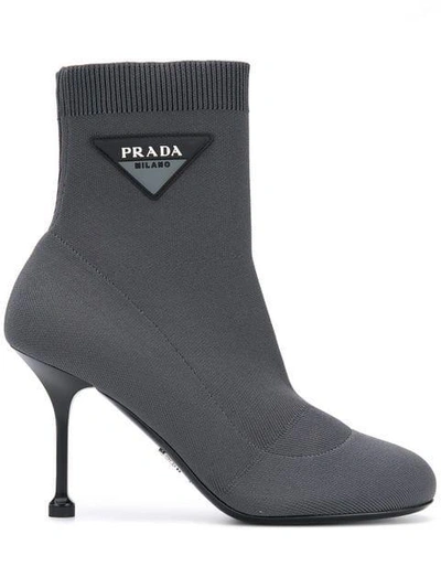 Shop Prada Logo 90 Sock Booties - Grey