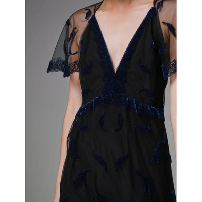 Shop Burberry Velvet Leaf Cap-sleeve Gown In Black/blue