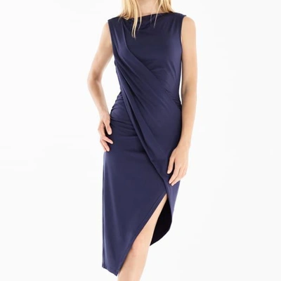 Shop Paisie Draped Jersey Dress With Asymmetric Hem In Navy