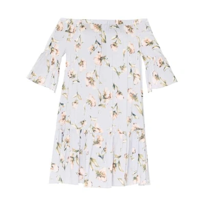 Shop Paisie Floral Print Bardot Dress With Gathered Hem & Flared Cuffs In Light Blue