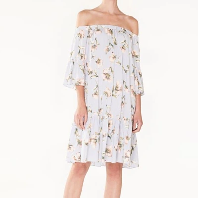 Shop Paisie Floral Print Bardot Dress With Gathered Hem & Flared Cuffs In Light Blue