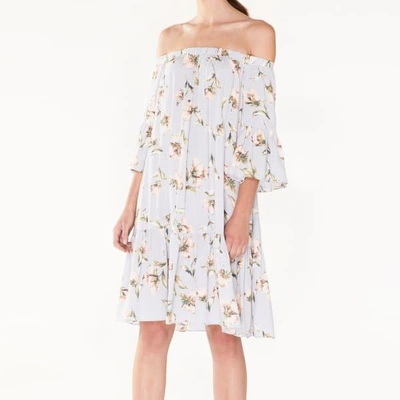 Shop Paisie Floral Print Bardot Dress With Gathered Hem & Flared Cuffs In Light Blue