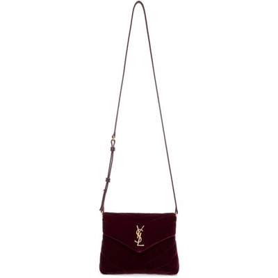 Shop Saint Laurent Burgundy Velvet Toy Loulou Shoulder Bag