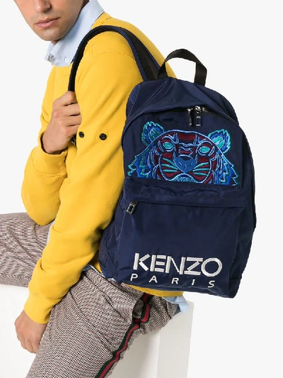 Shop Kenzo Blue Tiger Logo Embroidered Backpack