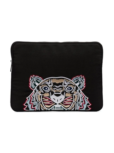 Shop Kenzo Black Tiger Head Embroidered Laptop Case