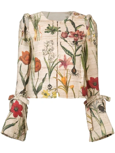 Shop Oscar De La Renta Cropped Flower Jacket - Neutrals