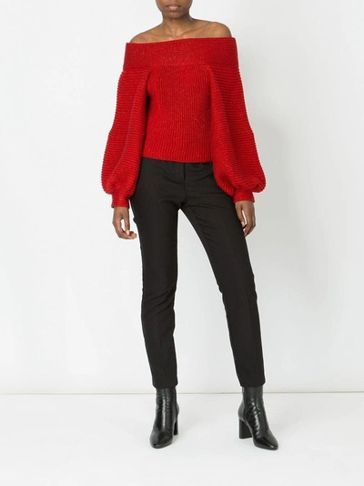 Shop Oscar De La Renta Off Shoulder Ribbed Sweater - Red