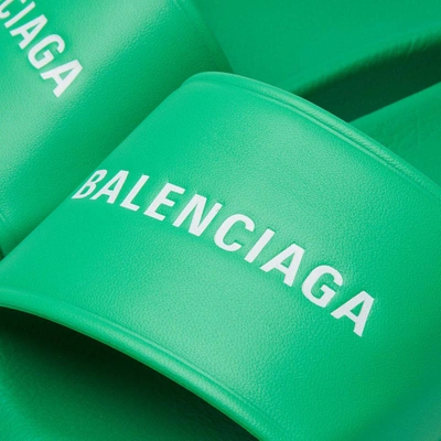 Shop Balenciaga Leather Logo Slide In Green