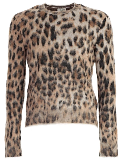 Shop Saint Laurent Textured Leopard Print Sweater In Beige Black Brown