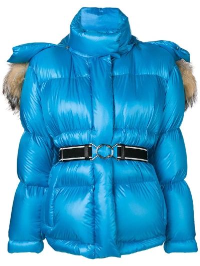 Shop Prada Fur Trimmed Puffer Jacket - Blue