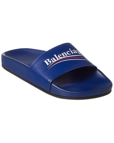 Shop Balenciaga Campaign Leather Pool Sandal In Blue