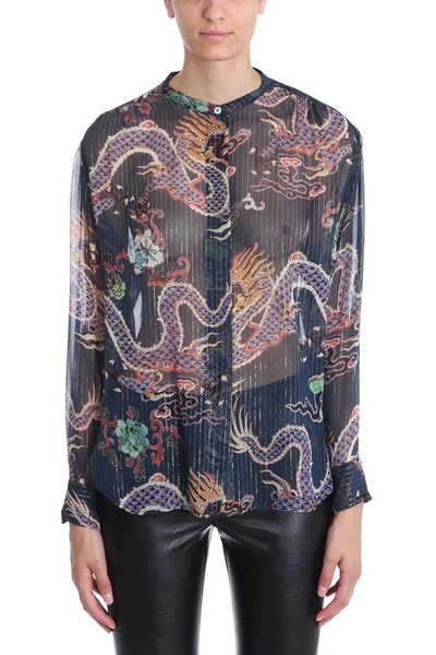 Shop Isabel Marant Multicolor Daws Dragon Print Silk Blend Shirt In Blue