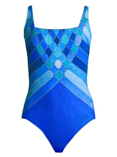 Shop Gottex Swim Mystic Gem Squareneck One-piece Swimsuit In Multi Blue