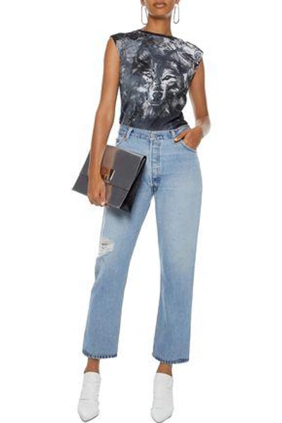 Shop Balmain Woman Button-detailed Distressed Printed Cotton-jersey Top Anthracite