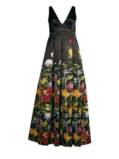 Shop Alice And Olivia Chantal Floral Satin Pleated A-line Gown In Chinoiserie Multi