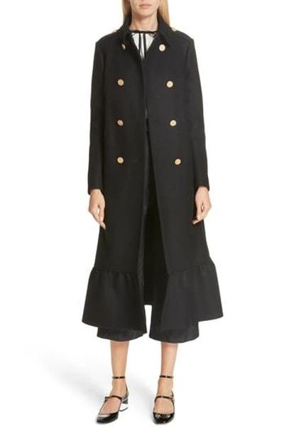 Shop Red Valentino Ruffle Hem Double Breasted Wool Blend Coat In Black