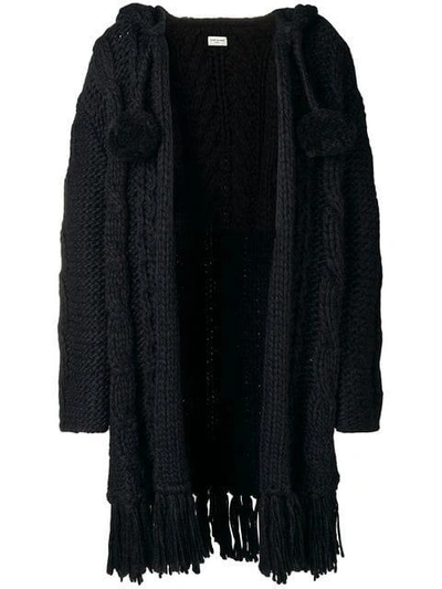 Shop Saint Laurent Fringed Cable Knit Cardigan In Black