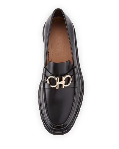 Shop Ferragamo Men's Bleecker Leather Lug-sole Loafers With Reversible Bit In Black