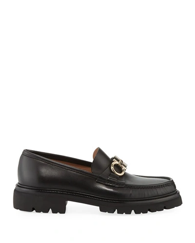 Shop Ferragamo Men's Bleecker Leather Lug-sole Loafers With Reversible Bit In Black