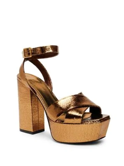 Shop Saint Laurent Farrah Metallic Leather Platform Ankle-strap Sandals In Bronze