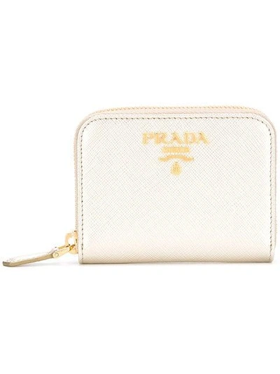 Shop Prada Logo Plaque Zipped Card Case - Neutrals