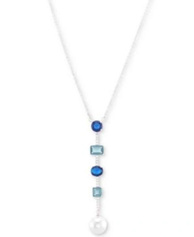 Shop Nina Silver-tone Cubic Zirconia And Stone Bar & Disc Lariat Necklace, 17" + 3" Extender In Sapphire