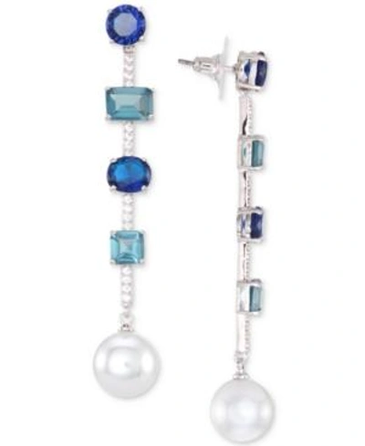 Shop Nina Silver-tone Stone & Imitation Pearl Linear Drop Earrings In Sapphire