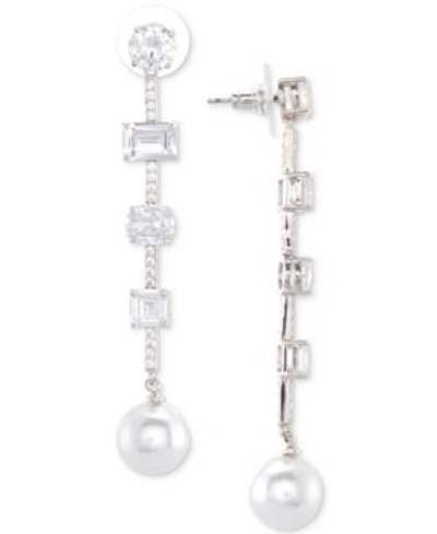 Shop Nina Silver-tone Stone & Imitation Pearl Linear Drop Earrings In Rhodium/ Ivory