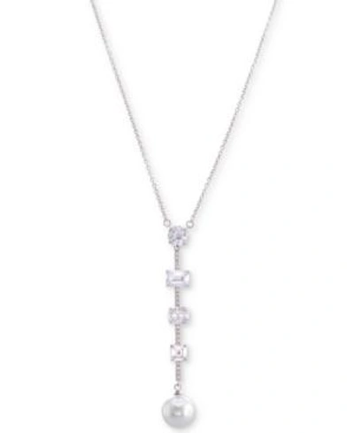Shop Nina Silver-tone Crystal And Stone Bar & Disc Lariat Necklace, 17" + 3" Extender In Rhodium/ Ivory