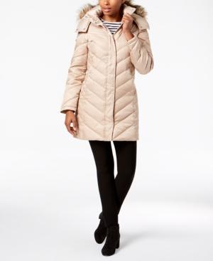 kenneth cole faux fur hooded chevron down coat