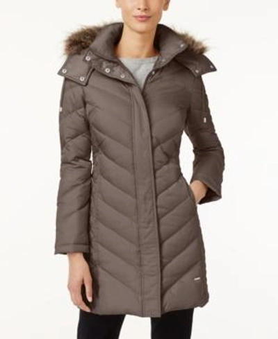 Shop Kenneth Cole Hooded Faux-fur-trim Down Chevron Puffer Coat In Canyon