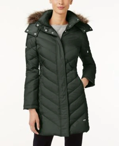 Shop Kenneth Cole Hooded Faux-fur-trim Down Chevron Puffer Coat In Clover