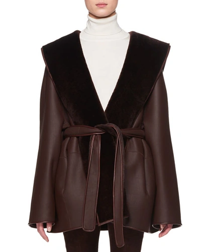 Shop The Row Sternley Open-front Belted Leather Jacket With Fur In Dark Brown
