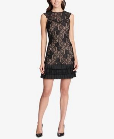 Shop Kensie Lace Ruffled-hem Dress In Black/nude