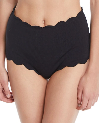 Shop Marysia Santa Monica High-waist Scalloped Swim Bikini Bottom In Black