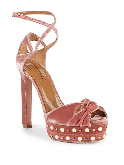 Shop Aquazzura Harlow Faux Pearl & Stud Velvet Platform Sandals In Antique Rose